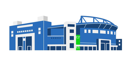 Naklejka premium Modern Stadium Building Facade, Sports Venue Architecture, Blue and White Design