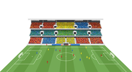 Soccer stadium with colorful spectator stands and players on field © Gren