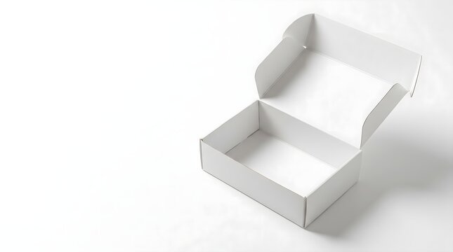 Empty unbranded white corrugated cardboard mailing box open for product placement mockup