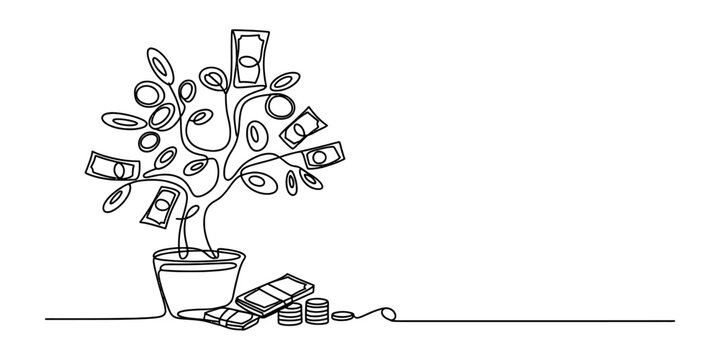 Continuous single line drawing of a money tree growing in a flower pot with cash banknotes and coins stacked on the ground for business financial success Vector, illustration