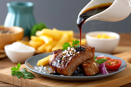 Glazed pork ribs with rich sauce being poured over grilled meat and served with fries, close-up