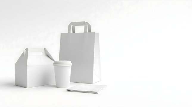 Blank white coffee shop packaging mockup featuring paper bag gable box paper cup and napkins