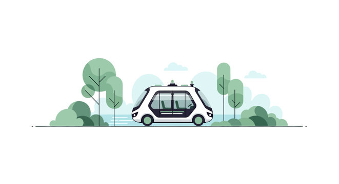 Autonomous Self-Driving Electric Shuttle Vector Illustration for Future Smart City Public Transportation and Sustainable Urban Mobility Concepts