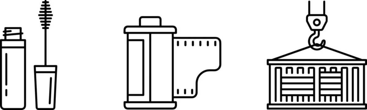 Minimalist outline icon set featuring a mascara bottle with wand brush, a vintage photography film canister, and a shipping cargo container crane hook isolated on white background.