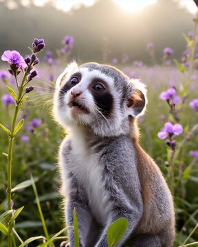 A  pygmy slow loris fantasy animal, fictional species  in a flower meadow