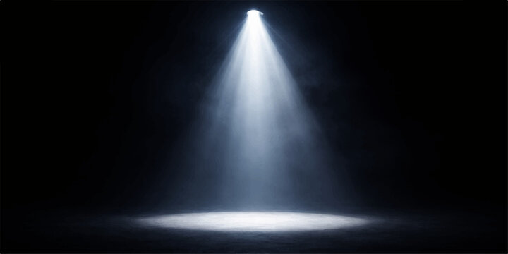 Dramatic single spotlight shining on dark stage floor with subtle fog effect, perfect for theatrical, concert, performance, or event visuals