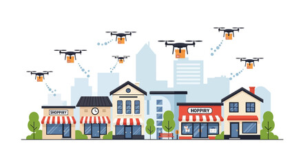 Naklejka premium Autonomous Drone Delivery Service Concept in Modern City Urban Landscape Flat Vector Illustration with Shops Houses and Skyscrapers