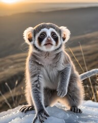 Fototapeta premium A young baby pygmy slow loris fantasy animal, fictional species in an icy wind swept plateau
