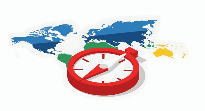 Global compass pointing to different continents on a world map, symbolizing travel, direction, and exploration.
