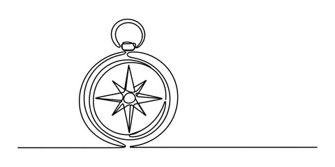 Simple continuous line art of a compass in black and white vector style. © Normal Line Drawing