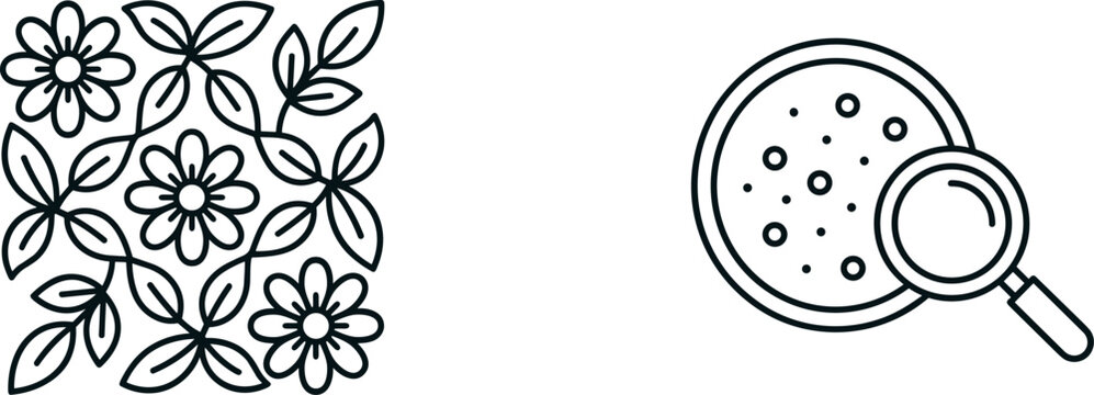 Minimalist outline graphic set featuring an intricate square floral pattern block alongside a petri dish under a magnifying glass isolated on white background.