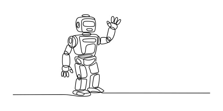 Friendly robot waving hand in a simple continuous line drawing style for technology and artificial intelligence concept illustration Vector, illustration
