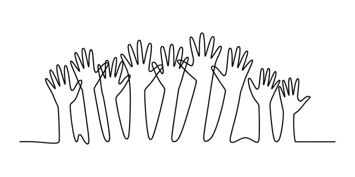 Continuous single line drawing of many raised hands showing unity community and teamwork as a simple black outline art design for diverse social groups Vector, illustration
