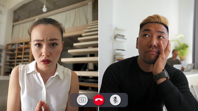 Young people connect through an online call. Each person shows different feelings. Emotions range from concern to surprise. Communication takes place across the screens.
