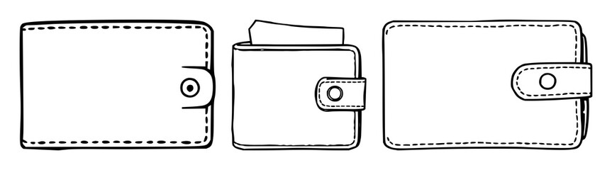 Fototapeta premium Wallet set with simple black line art on white background featuring money, cards, and cash with credit cards and denominations.