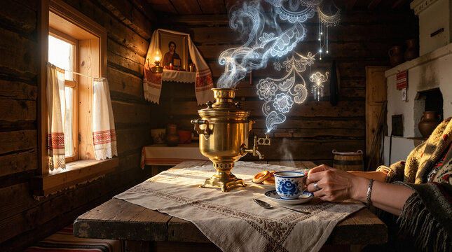 Cozy interior with samovar and steaming cup on wooden table  