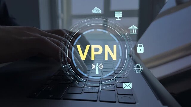 Modern VPN technology for safe browsing, protected data transfer, secure network access and cybersecurity on internet connection background.