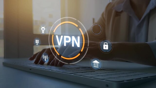 VPN technology concept with secure internet access, encrypted connection, privacy protection and safe online browsing on digital network background.