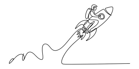 Continuous single line drawing of an astronaut flying a rocket ship into outer space representing startup business growth success and fast progress concept Vector, illustration © Vector Line Drawing