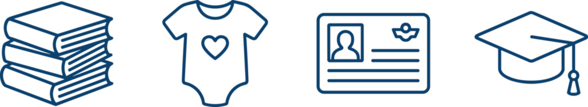 Minimalist outline icon set featuring a stack of books, a baby bodysuit with a heart, an identity card badge, and a graduation cap isolated on white background.