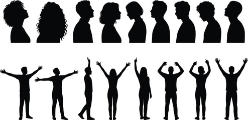 Fototapeta premium People Profile and Standing Silhouette Collection with Diverse Human Figures and Raised Hands Vector Illustration