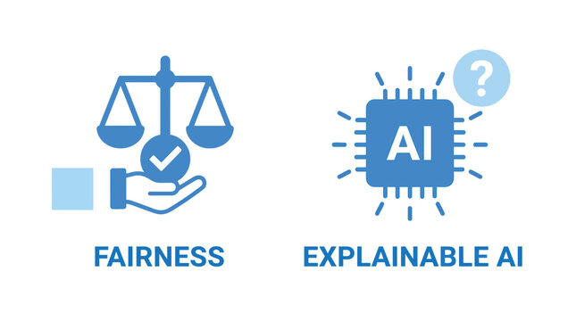 Vector graphic illustration Fairness and explainable AI concept icons