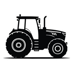 Obraz premium Black silhouette of modern agricultural tractor isolated on white background flat icon.