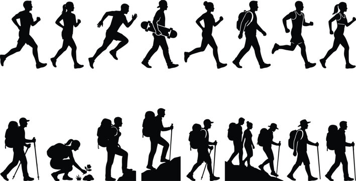 Running and Hiking People Silhouette Collection with Backpackers Joggers and Outdoor Adventure Vector Illustration Set