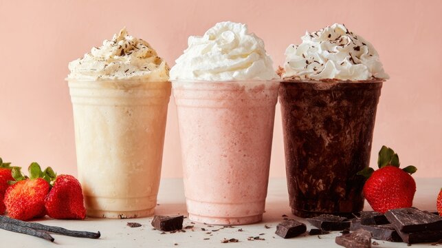 Delicious milkshakes with whipped cream and fruit on a simple background