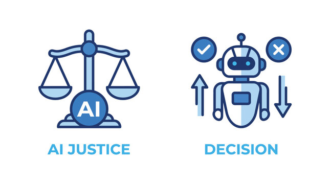 Vector graphic illustration AI justice and robot making decision icons