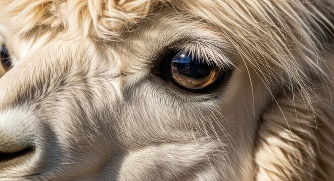 Close-up, detailed llama face, soft fur, brown eye, animal portrait