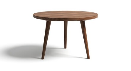 Fototapeta premium Minimalist Round Wooden Coffee Table with Three Tapered Legs Isolated on White Background