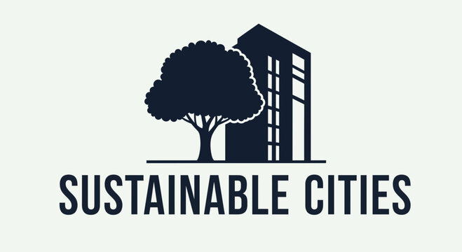 A minimalist logo design featuring a stylized tree next to a modern building with the text Sustainable Cities.