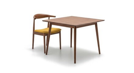 Fototapeta premium Mid-Century Modern Wooden Square Dining Table and Chair with Yellow Cushion Isolated on White Background
