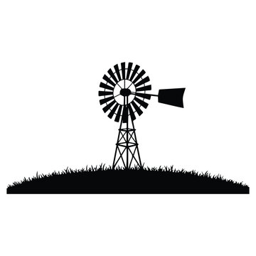 Rustic wind pump silhouette standing on grassy hill isolated on white background vector.