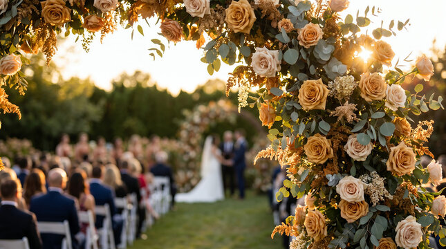 Wedding ceremony under floral arch at sunset with joyful guests  