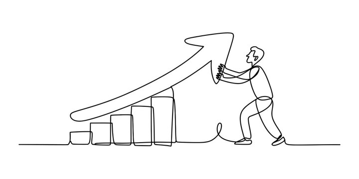 Continuous single line drawing of a businessman pushing a rising business growth graph chart with an arrow symbol for success progress and financial development Vector, illustration