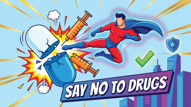 Superhero Kicks and Destroys Drugs to Promote Healthy Living