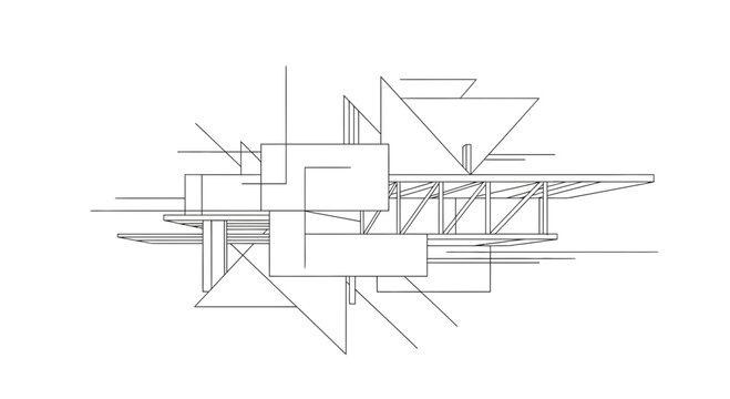 Abstract architectural line drawing featuring geometric shapes and structural elements.