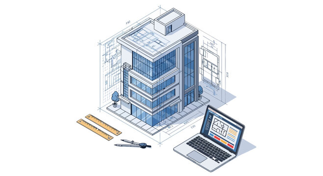 Isometric architectural design concept featuring a modern office building with digital planning tools.