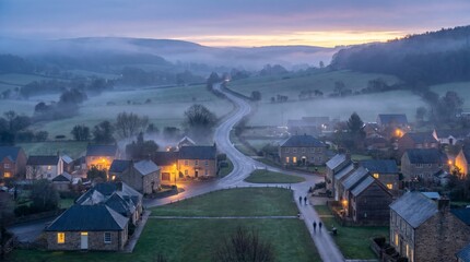 Fototapeta premium Aerial view of a quaint village nestled in a valley at dusk with illuminated houses and a winding road through the center surrounded by rolling hills and trees.