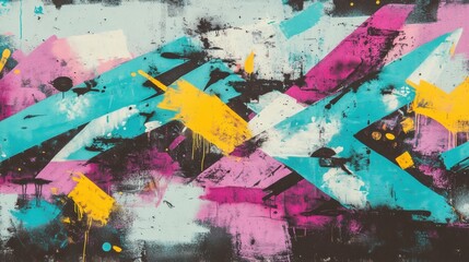 Fototapeta premium Vibrant graffiti features bold shapes in pink, yellow, teal, and black, creating a dynamic urban art piece on a city wall