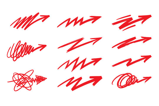 Various red arrows in scribble and zig-zag styles on a as isolated element
