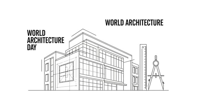 A detailed architectural sketch of a modern building with a drafting compass.