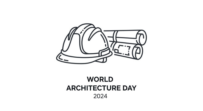 Line art illustration of a construction hard hat and rolled architectural blueprints.
