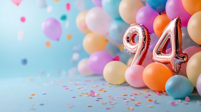 Vibrant balloons in various colors and shapes create a festive atmosphere, highlighting the number 94 surrounded by cheerful confetti