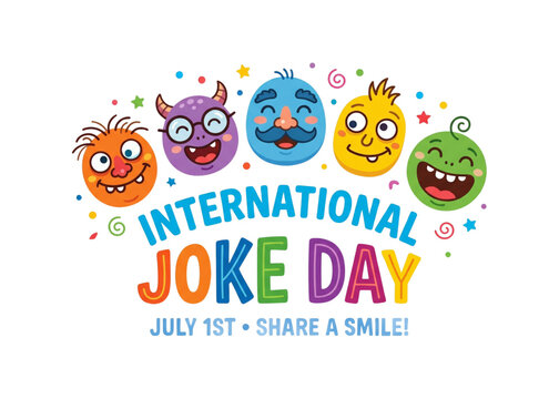 International Joke Day colorful funny faces cartoon celebration vector illustration with smiling comic characters