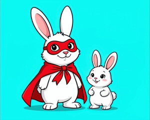Obraz premium Superhero Rabbit and Baby Bunny Standing Together on Bright Cyan Background