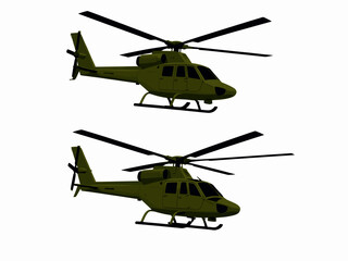 Fototapeta premium Two Military Helicopters Flying in Formation over White Background