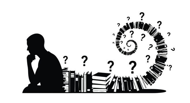 man sitting with books and question marks thinking confused
